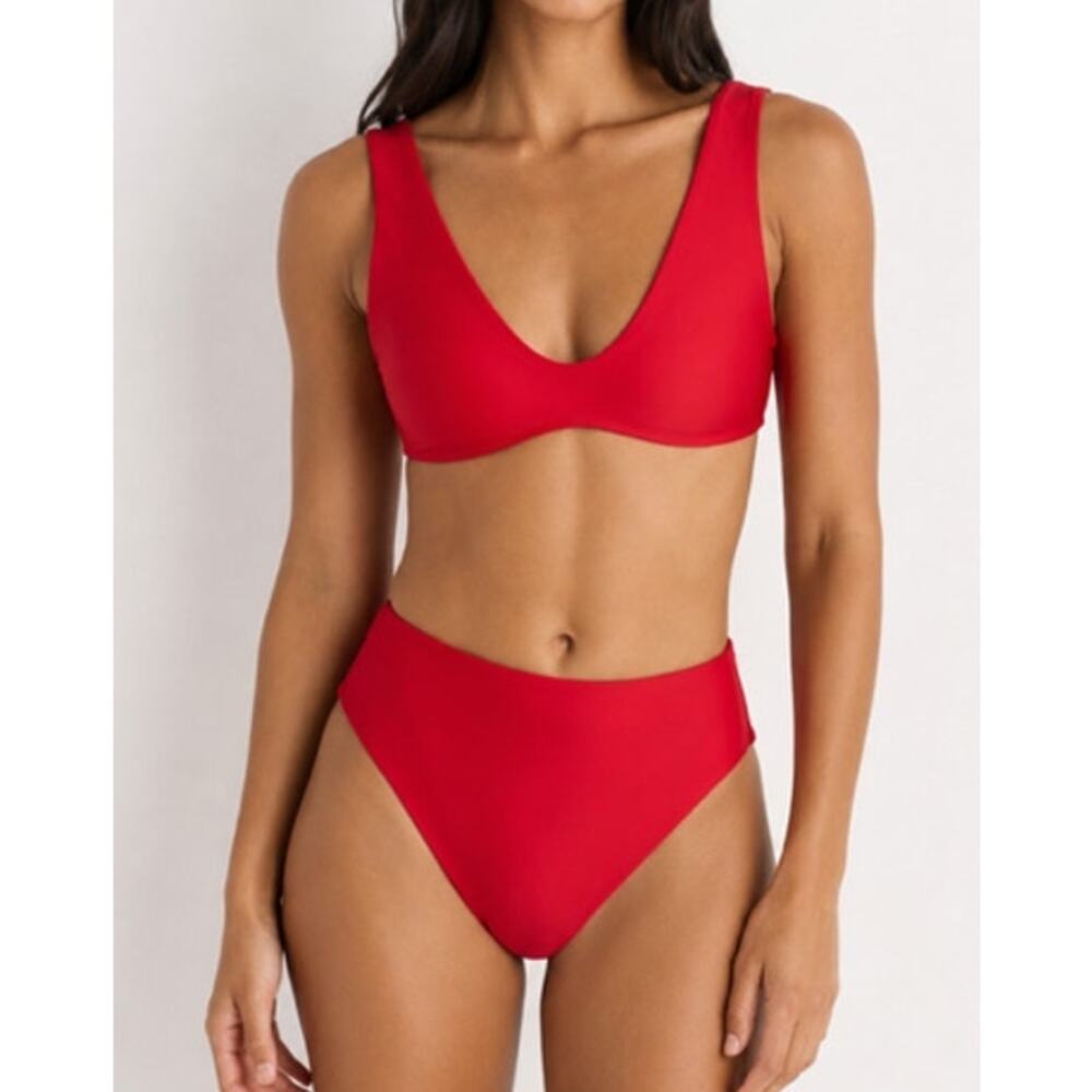 Quince NWT Italian Plunge Bikini Top and High-Rise High-Leg Bottoms Red Small